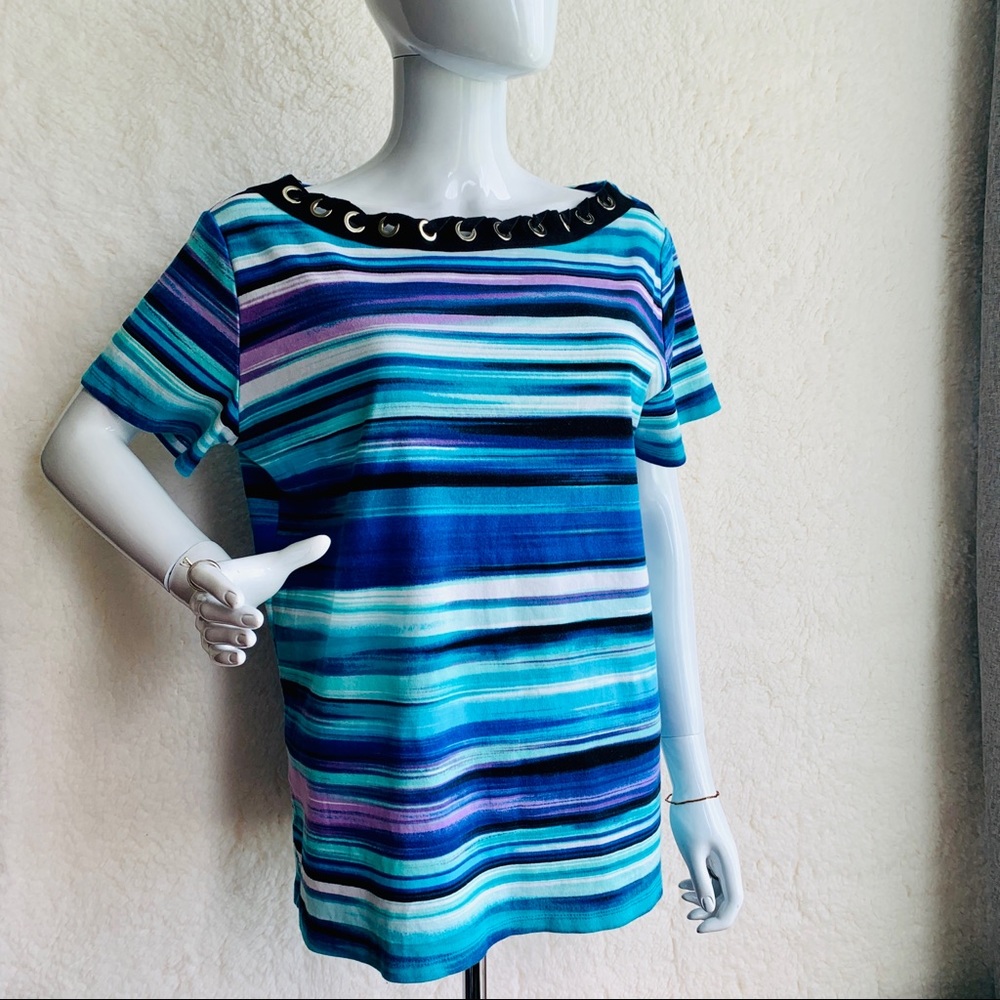 Rafaella Size 1x Top Colorful Striped Cotton